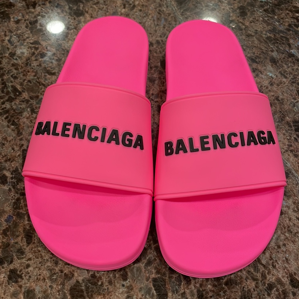 Balenciaga rubber pvc pool slides neon pink logo flats sandals sz 42 - Picture 2 of 10
